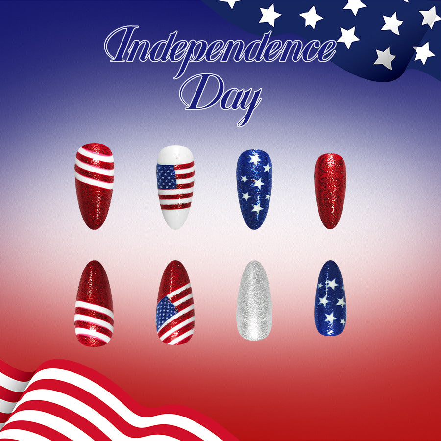 Independence Day Medium Almond Red and Blue Glitter Design Press on Nail Set
