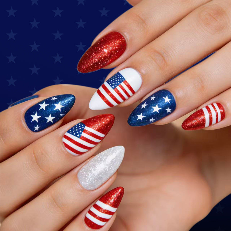 Patriotic Sparkle Medium Almond Red White and Blue Nail Set