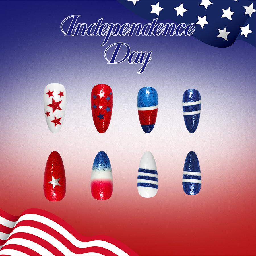 Independence Day Short Almond Red White and Blue Glitter Nail Set