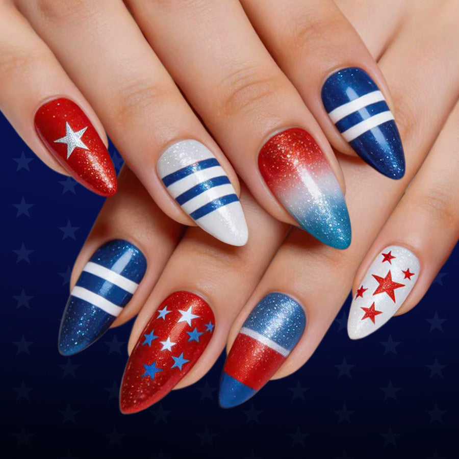 Patriotic Glamour Medium Almond Red and Blue Sparkle Press On Nail Set