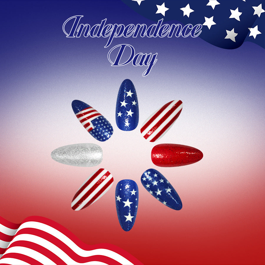 Independence Day Celebration Medium Almond Red White and Blue Glitter Press on Nail Set