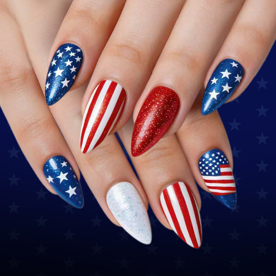 Patriotic Medium Almond Red and Blue Nail Set with Sparkly Star Design