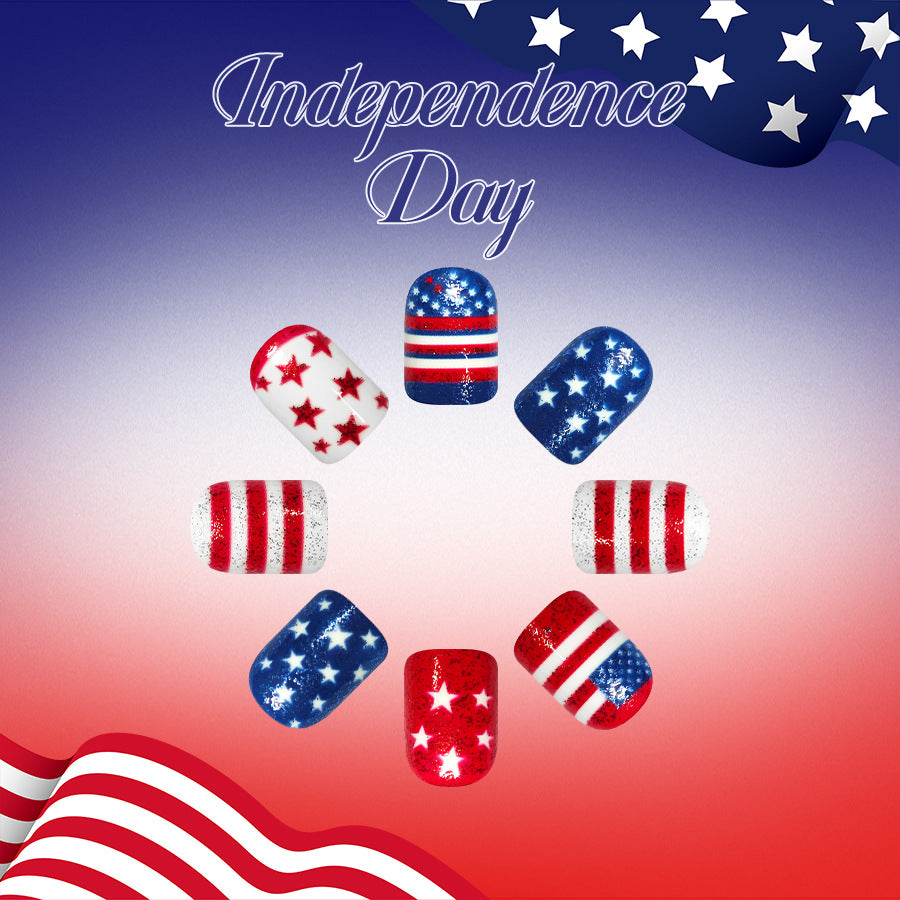 Independence Day Celebration Medium Square Red and Blue Star Pattern Press On Nail Set