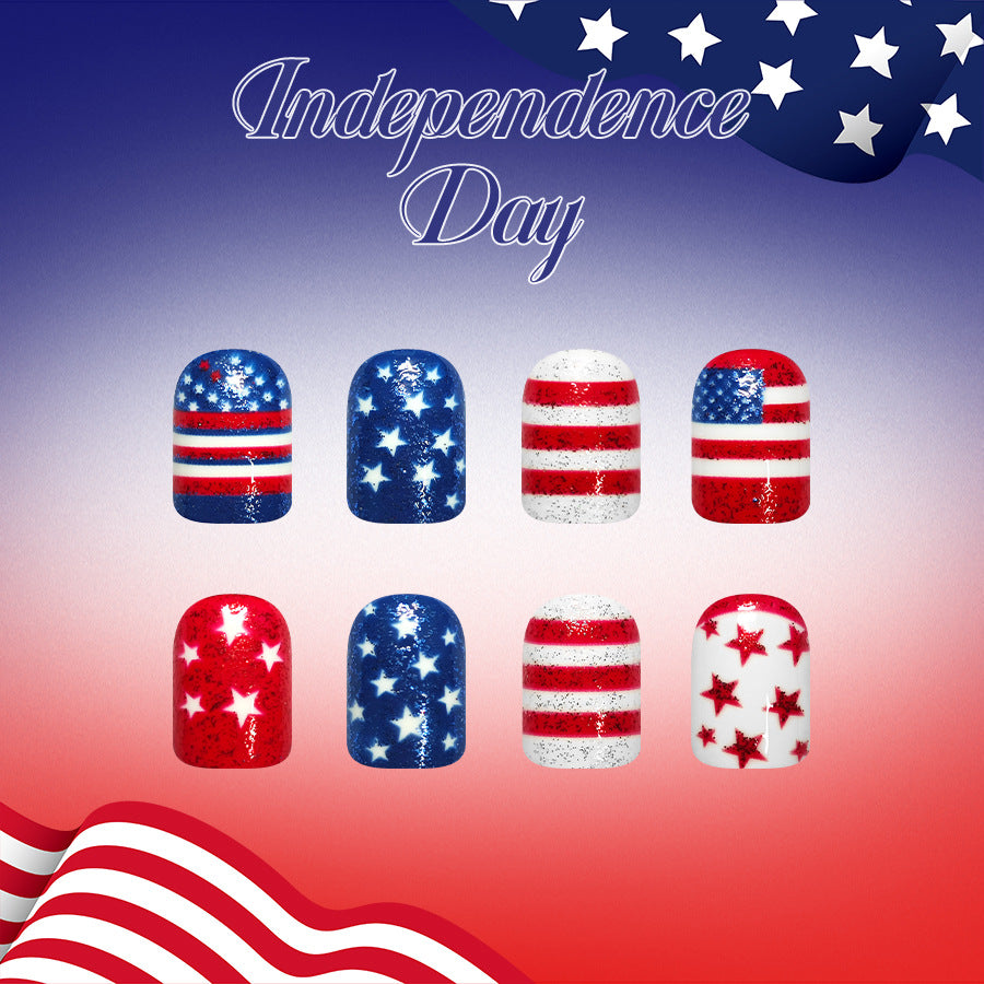Independence Day Short Square Red and Blue Glitter Star Press On Nail Set
