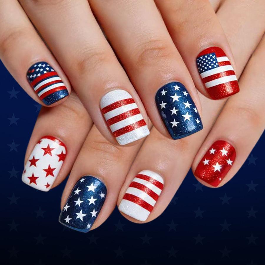 Festive Stars and Stripes Short Square Red White and Blue Glittery Nail Press Set