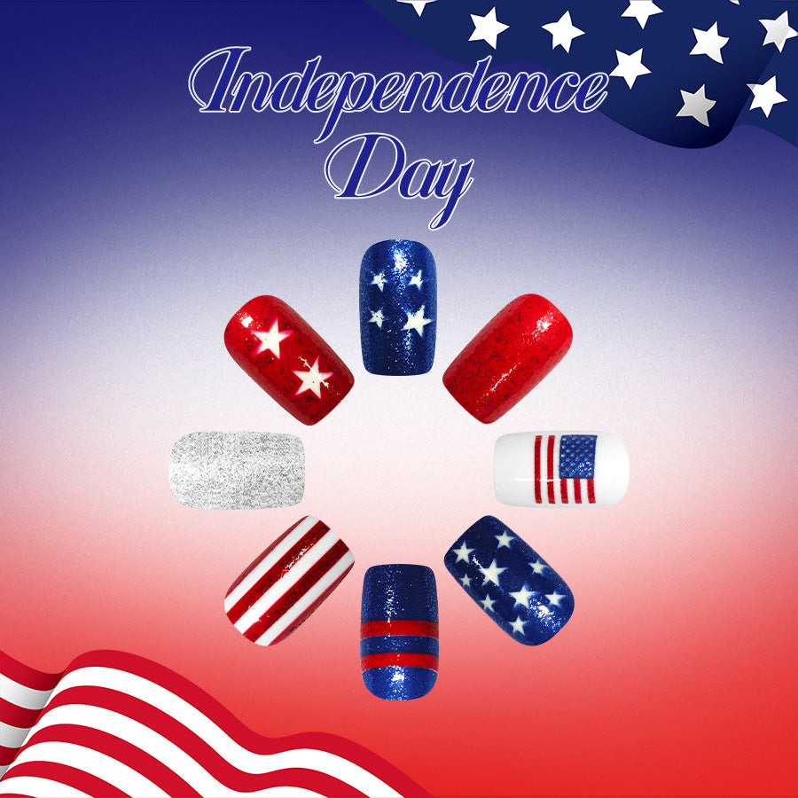 Independence Day Short Square Red White and Blue Nail Set with Glitter Stars
