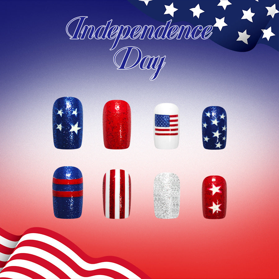 Independence Day Celebration Medium Square Red and Blue Glitter Star Press on Nail Set