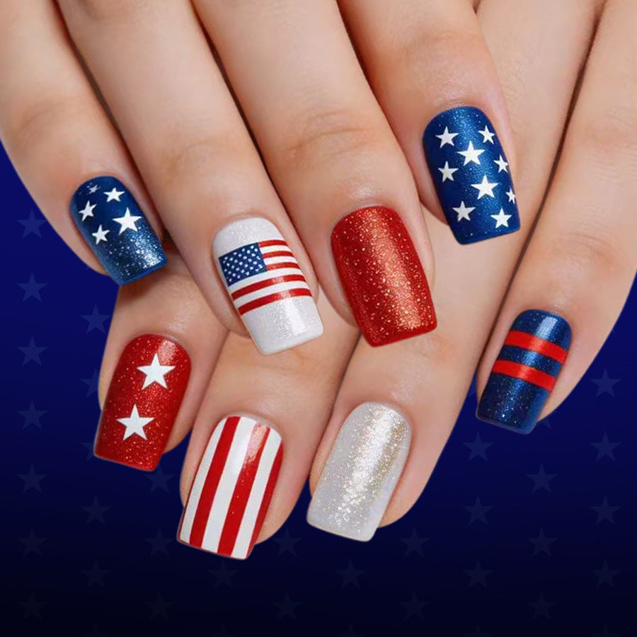 Patriotic Glam Short Square Red and Blue Glitter Nail Set