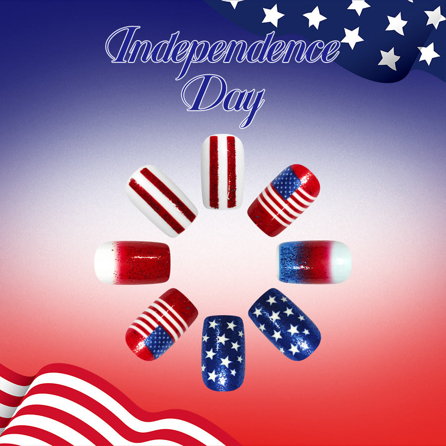 Independence Day Sparkly Short Square Red and Blue Striped Press On Nail Set