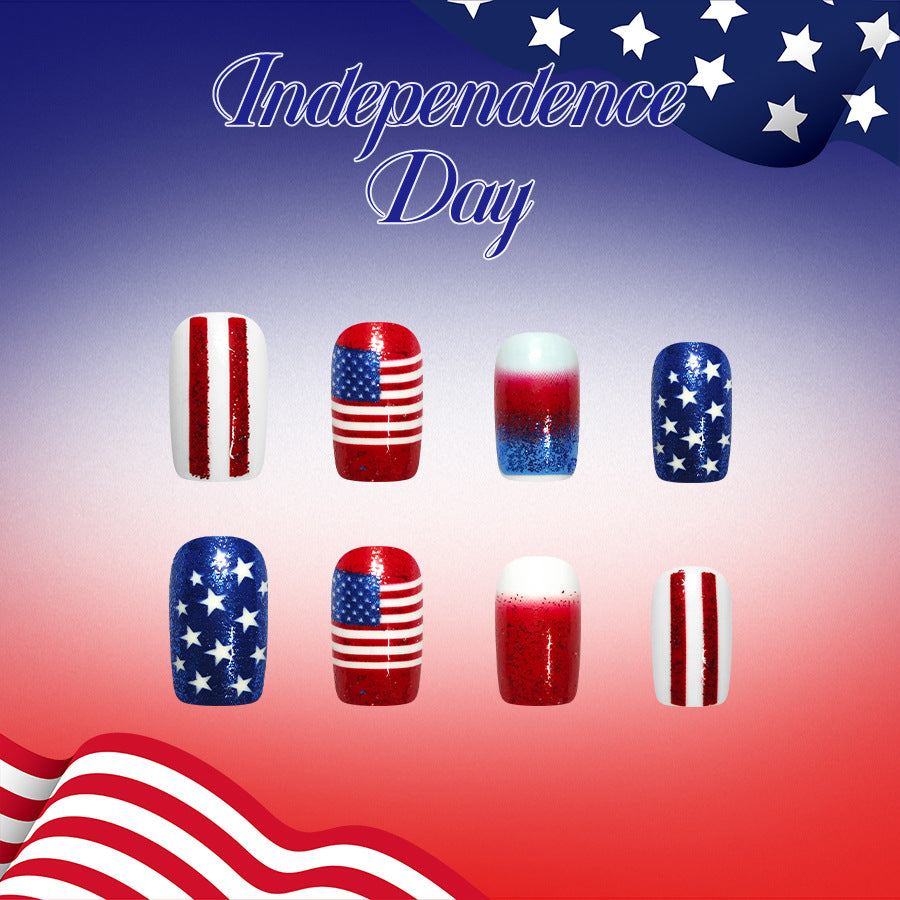 Independence Day Short Square Red White and Blue Glitter Press On Nail Set