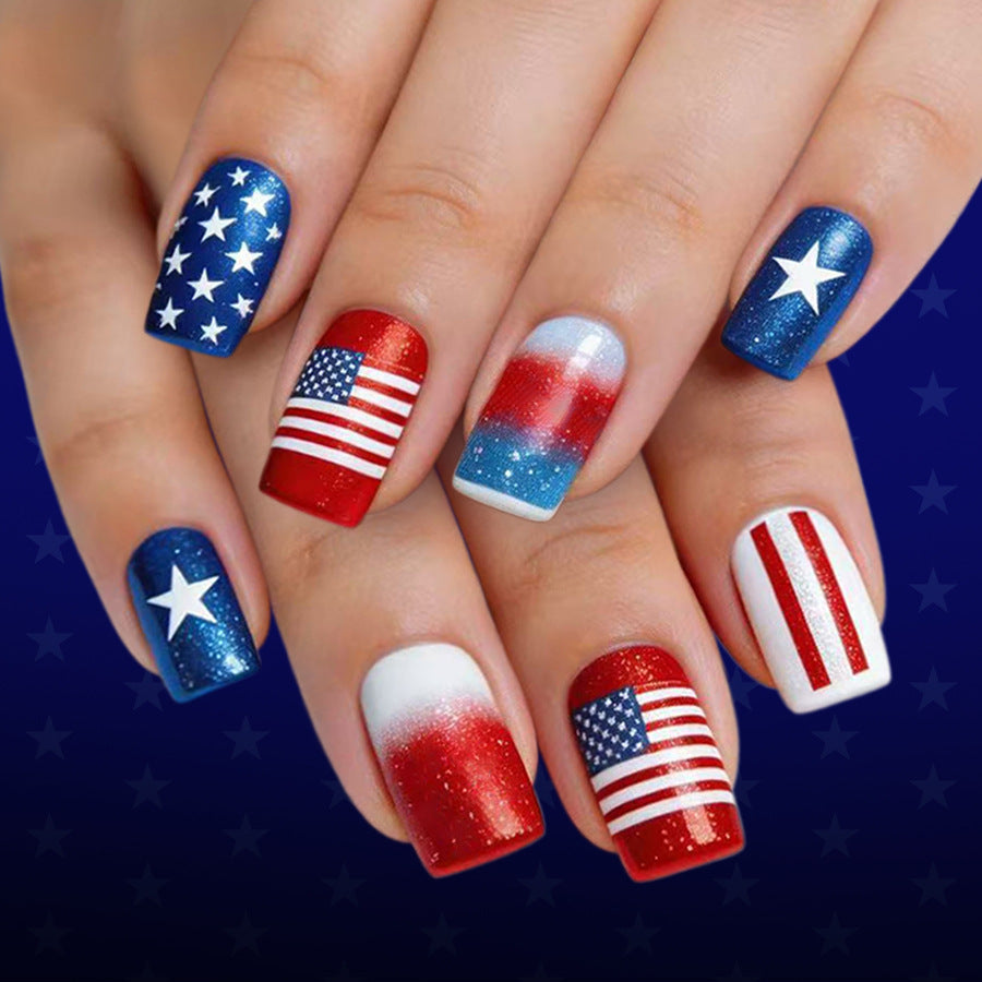Patriotic Glamour Long Square Red and Blue Glitter Press on Nail Set
