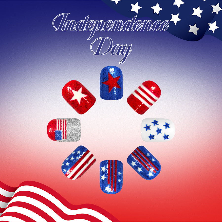 Independence Day Short Square Red White and Blue Sparkle Nail Set