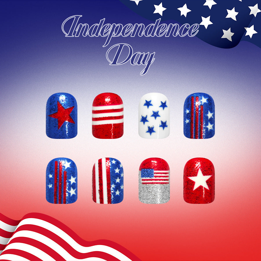 Festive Independence Day Short Square Red and Blue Glittery Nail Set