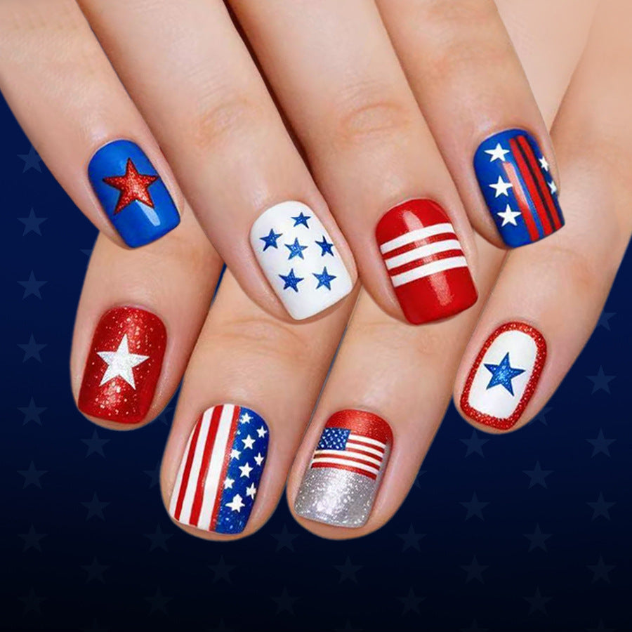 Patriotic Vibes Long Square Red and Blue Starry Press On Nail Set