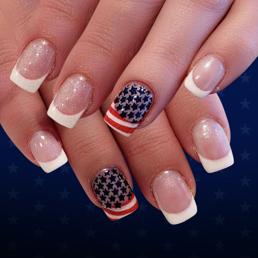 Patriotic Sparkle Short Square White Tip Press On Nail Set