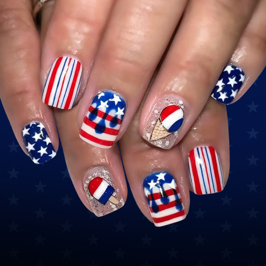 Patriotic Summer Vibes Short Square Red Blue Striped Design Press On Nail Set