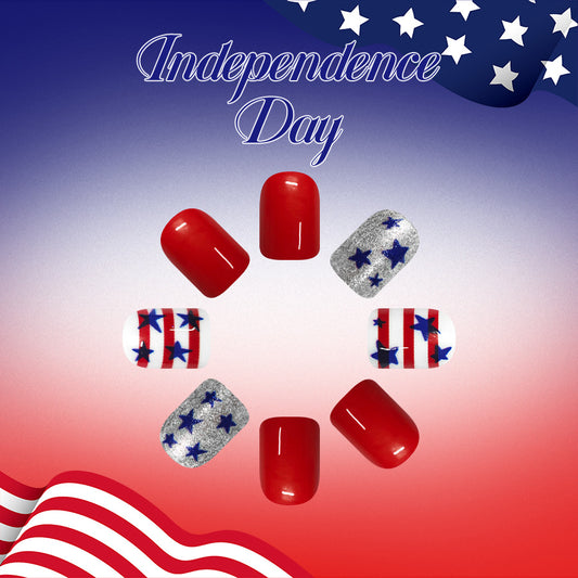 Festive Independence Day Short Square Red with Sparkling Stars Press-On Nail Set