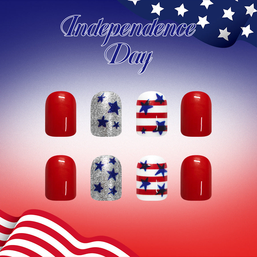 Independence Day Short Square Red with Starry Sparkle Press On Nail Set
