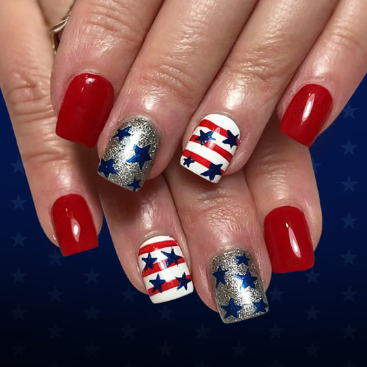 Festive Celebration Short Square Red with Starry Accent Design Press-On Nail Set