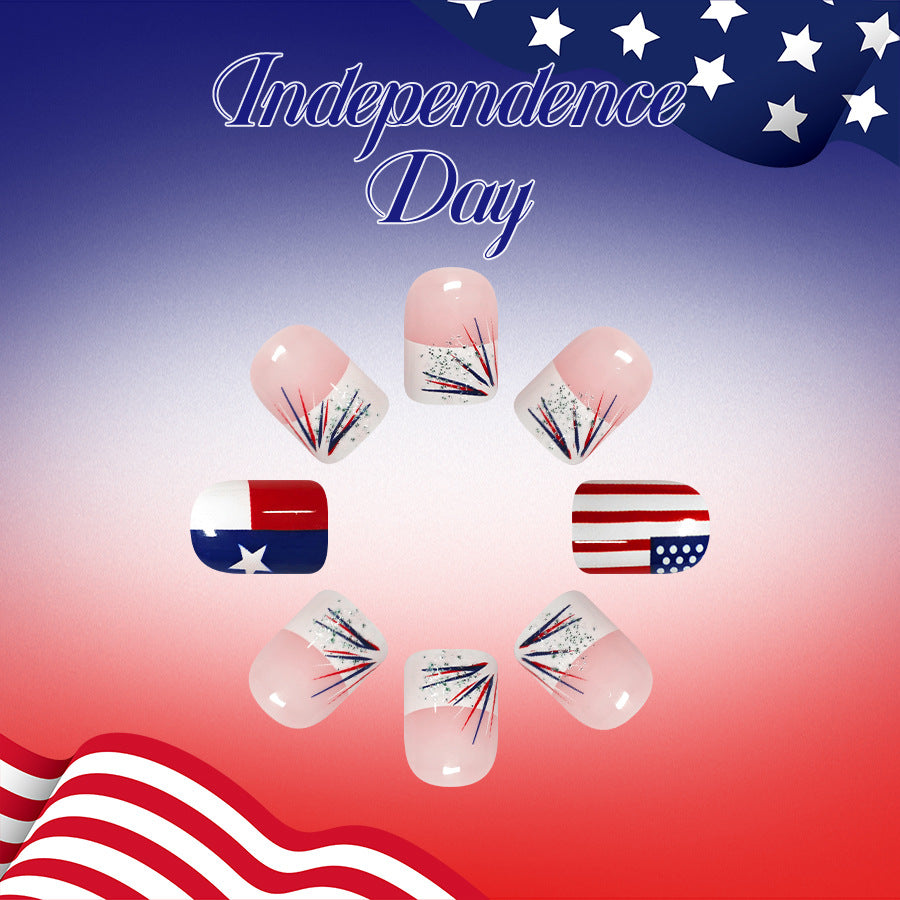 Festive Independence Day Short Square Red and Blue Fireworks Press On Nail Set