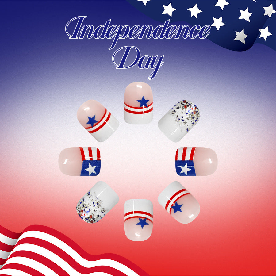 Independence Day Short Square Red White and Blue Star Press On Nail Set