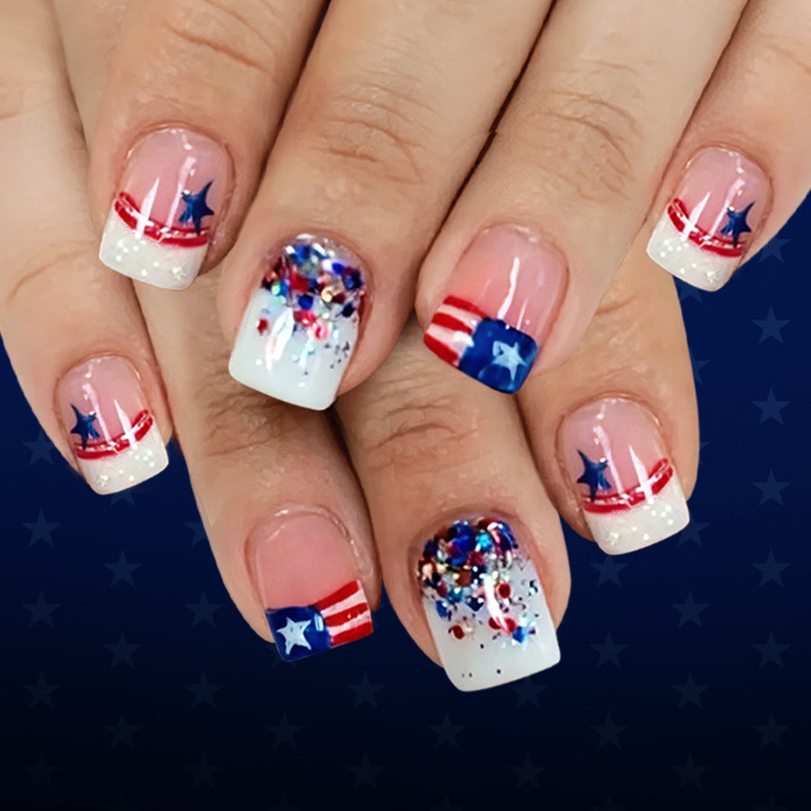 Patriotic Celebration Medium Square White Glitter Press On Nail Set