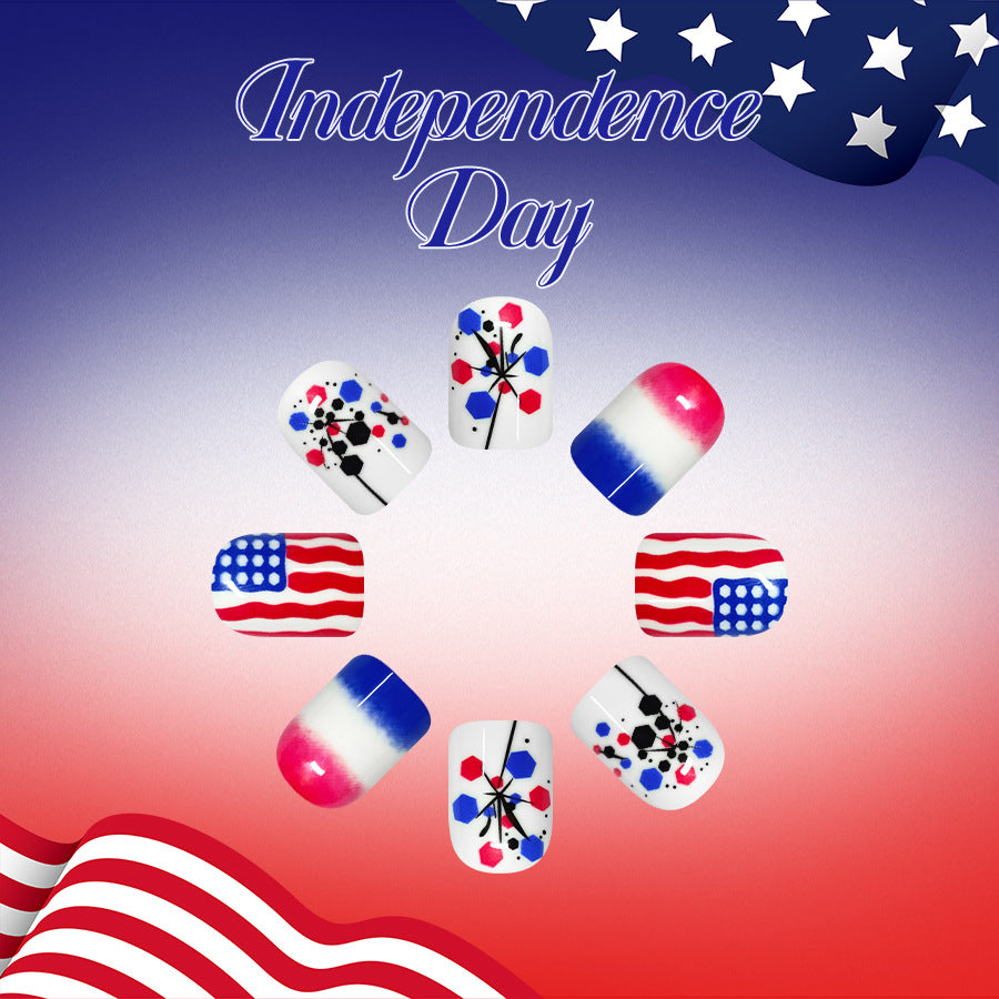Independence Day Festive Short Square Red White and Blue Nail Set with Unique Artistry