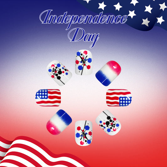 Independence Day Festive Short Square Red White and Blue Nail Set with Unique Artistry