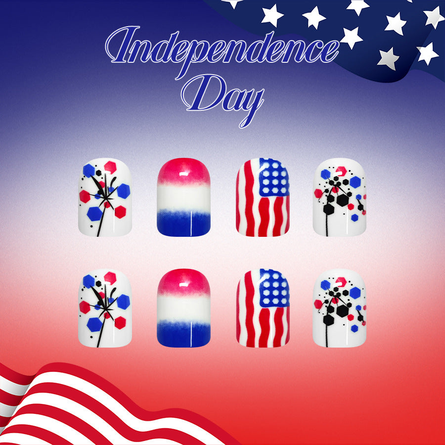 Independence Day Festive Short Square Red White and Blue Design Press On Nail Set