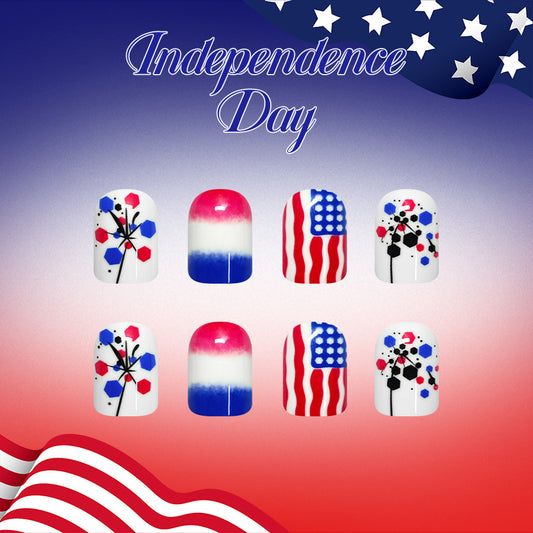 Independence Day Festive Short Square Red White and Blue Design Press On Nail Set