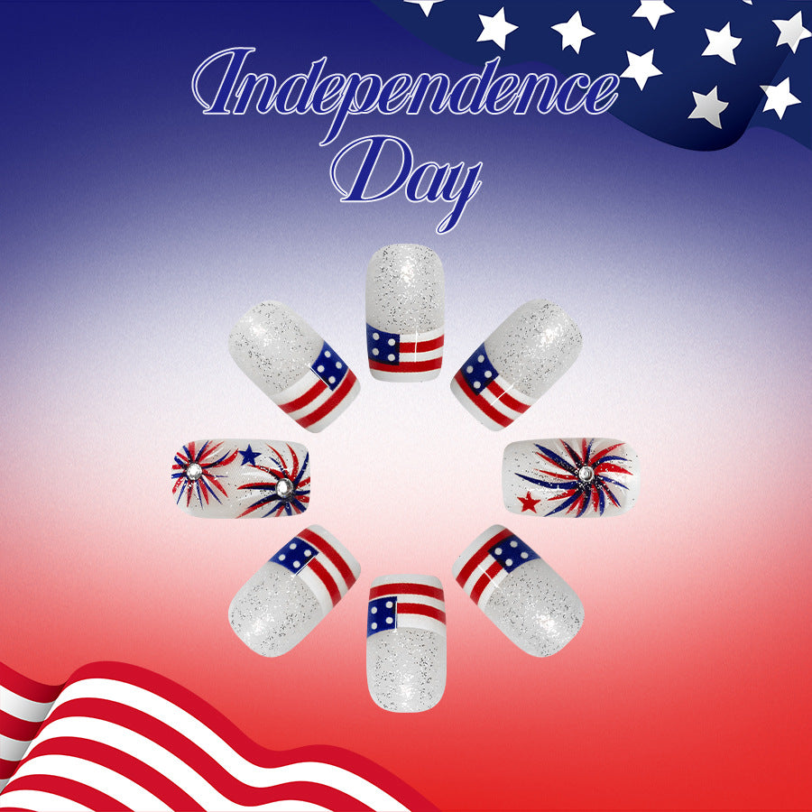 Independence Day Short Square White with Glitter and Fireworks Nail Set
