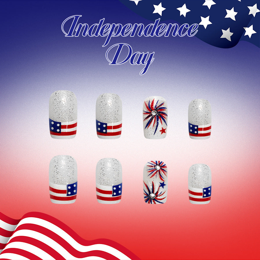 Independence Day Short Square White with Glitter and Starburst Design Press On Nail Set