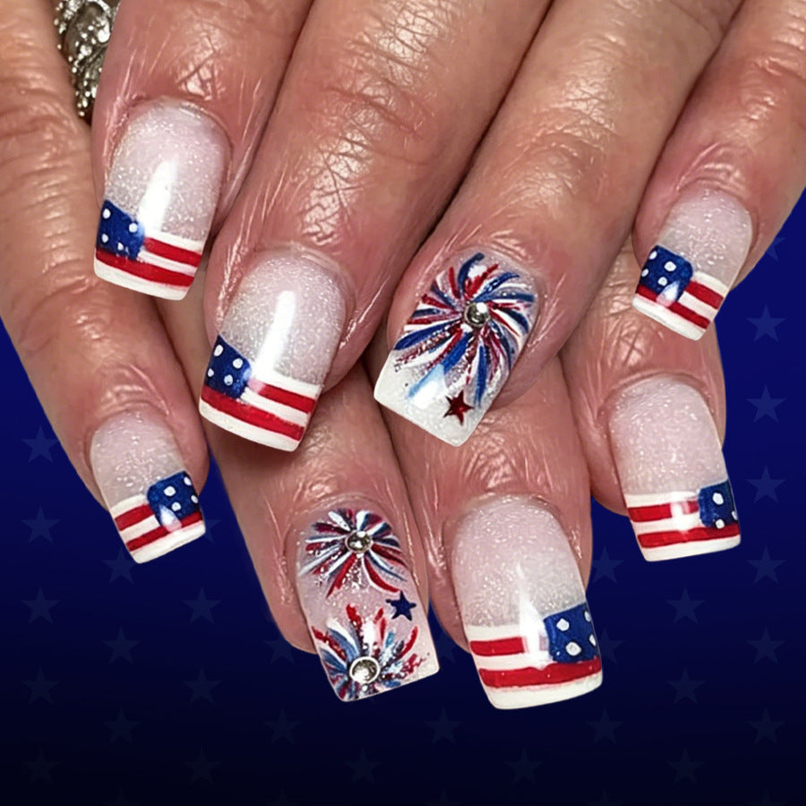 Patriotic Short Square Red White and Blue Glitter Stars Press On Nail Set
