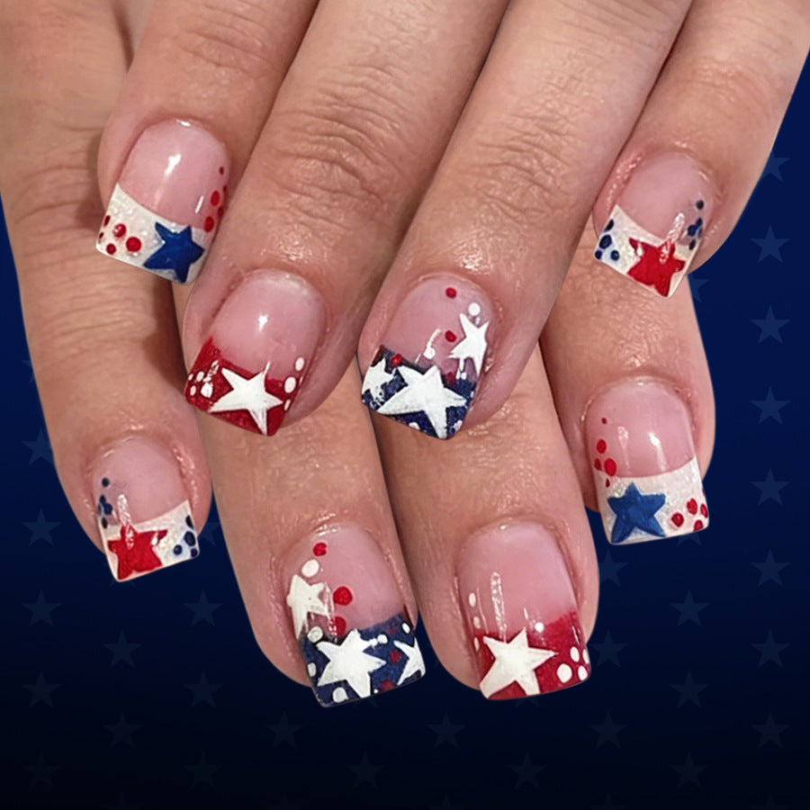 Patriotic Glamour Short Square Red White and Blue Starry Design Press On Nails Set
