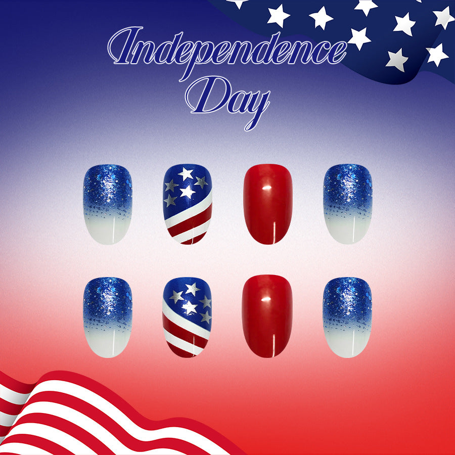 Patriotic Celebration Medium Almond Red and Blue Gradient with Star Designs Press On Nail Set