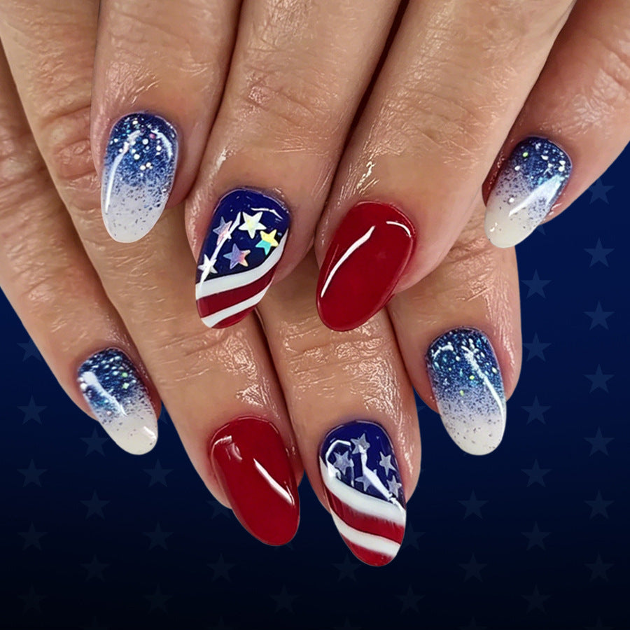 Patriotic Glamour Medium Oval Glitter Ombre Nail Set