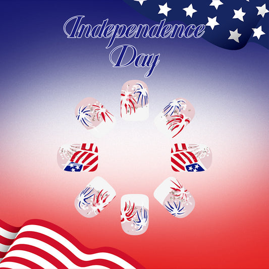 Independence Day Short Square Red and Blue Fireworks Press on Nail Set