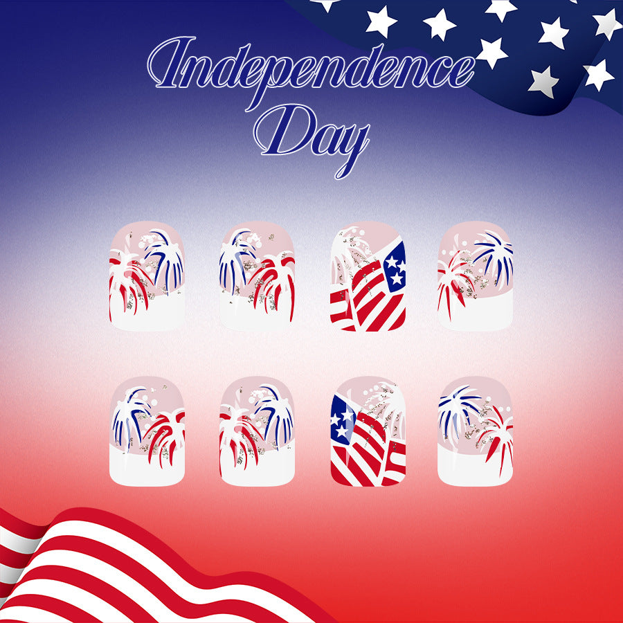 Independence Day Celebration Short Square Red and Blue Fireworks Nail Set