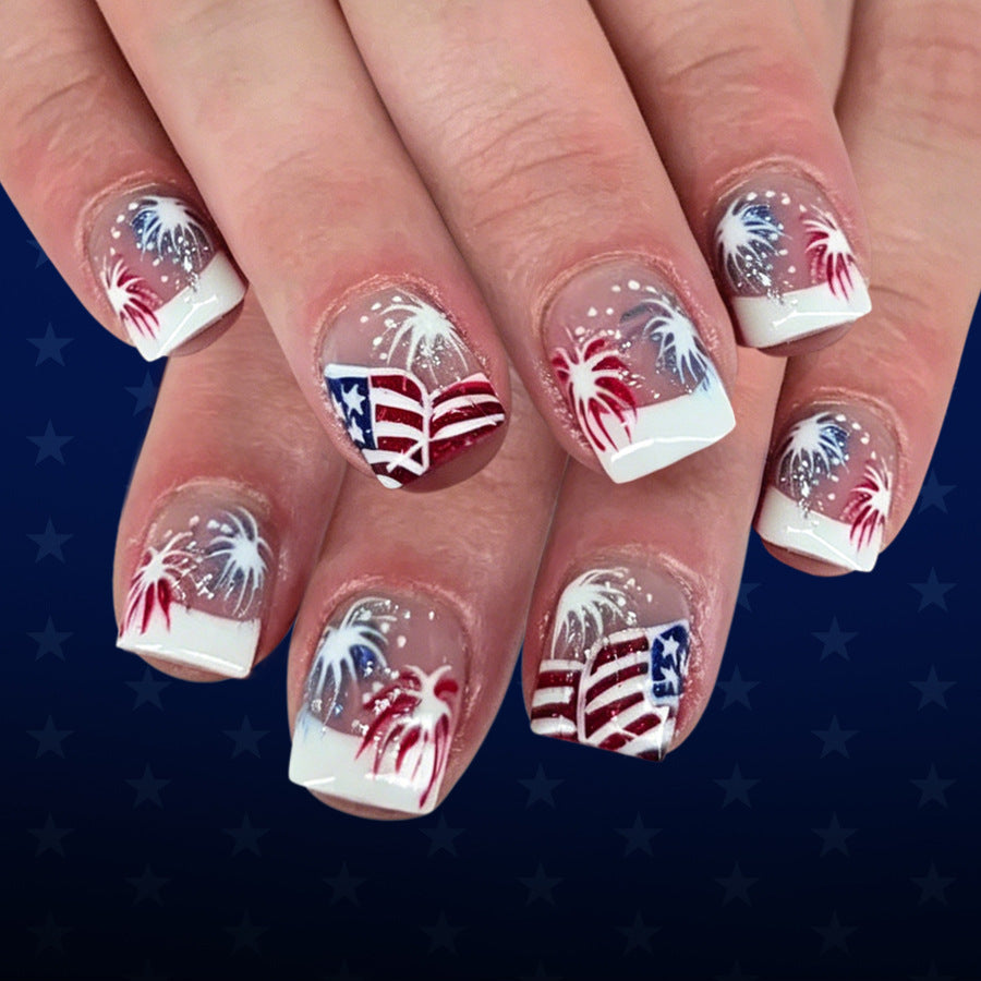 Patriotic Festival Short Square Red White and Blue Sparkle Press On Nail Set