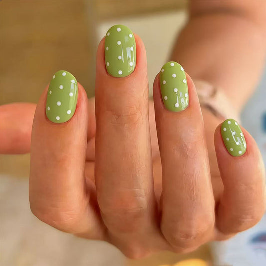 Whimsical Spring Short Oval Green Polka Dot Press On Nail Set