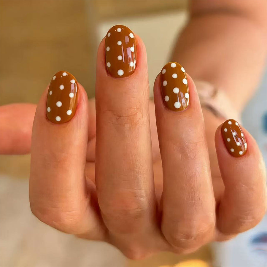 Chic Autumn Vibes Medium Oval Brown with White Dots Press On Nail Set