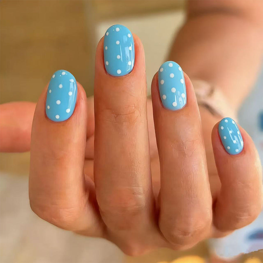 Whimsical Blue Short Oval Press on Nail Set with Charming Polka Dots