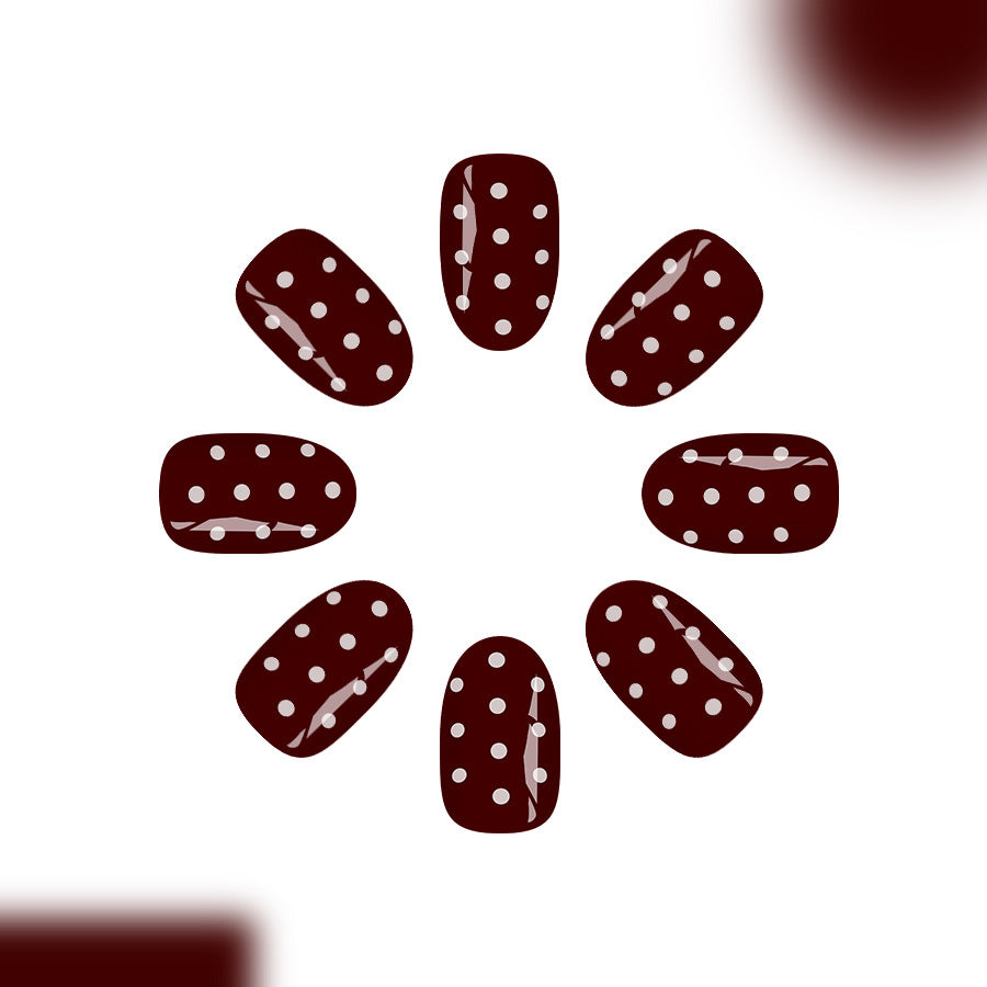 Vintage Elegance Short Round Burgundy with Polka Dots Press On Nail Set