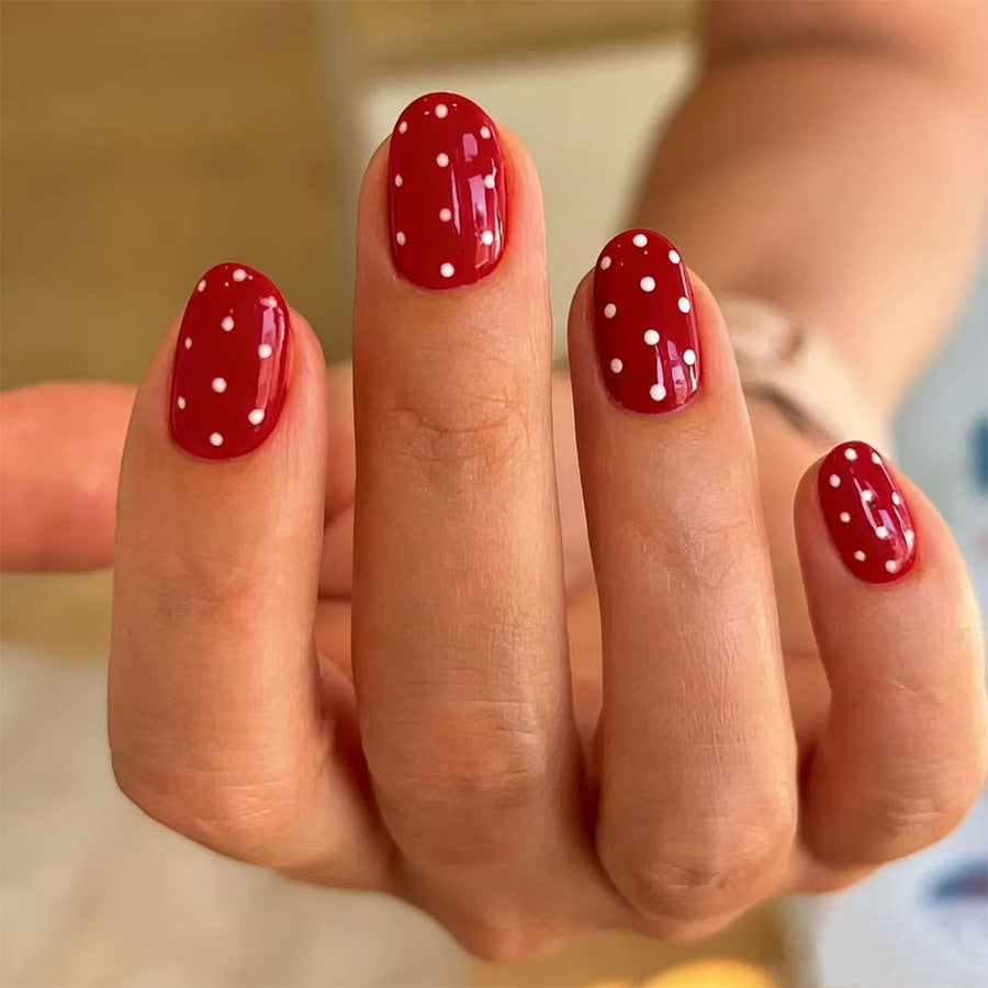 Cherry Delight Short Oval Red with Charming Polka Dots Press On Nail Set