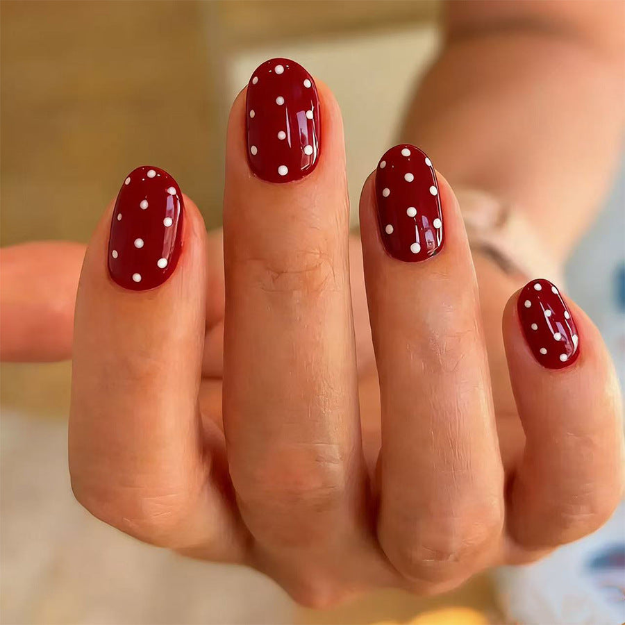 Charming Dot Design Medium Oval Burgundy Nail Set with Polka Dots Feature