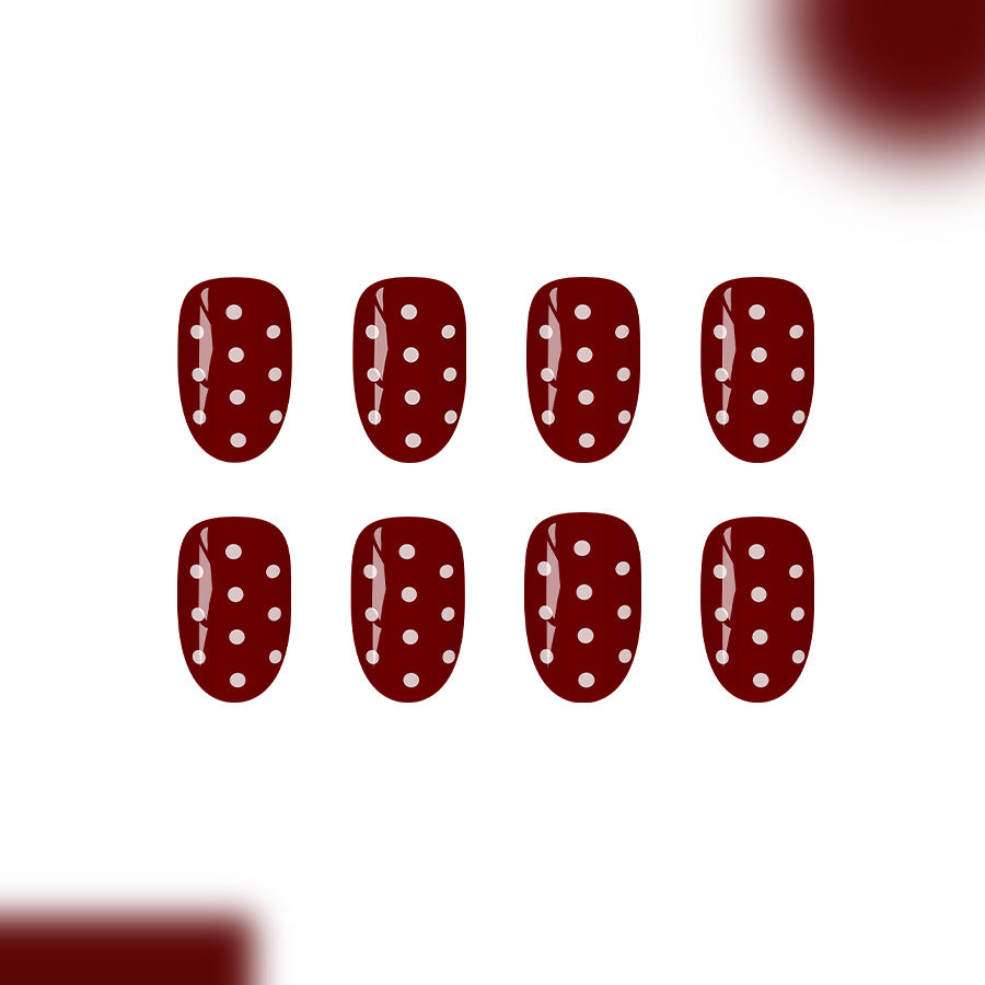 Vintage Elegance Short Round Burgundy with Polka Dot Design Press-On Nail Set
