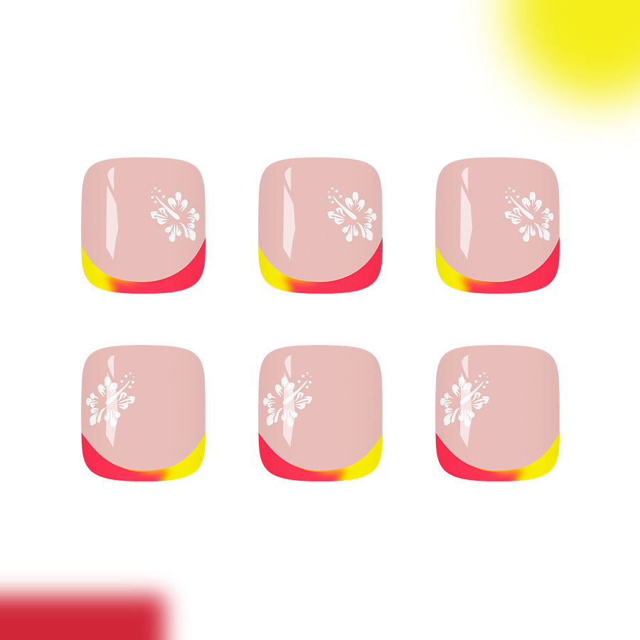 Tropical Bliss Medium Square Pink with Vibrant Gradient and Floral Design Press On Toenail Set