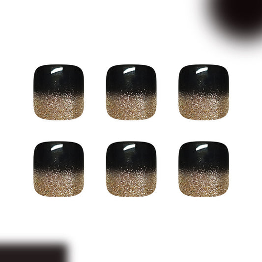 Glamorous Twilight Short Square Black and Gold Ombre Press On Toenail Set
