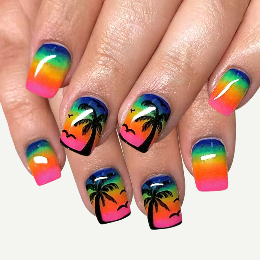 Tropical Sunset Short Square Gradient Press On Nail Set with Palm Tree Design