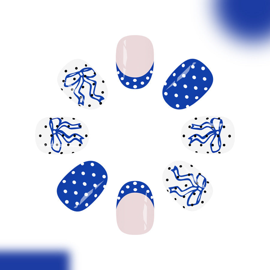 Elegant Blue Bow Short Round Press on Nail Set with Charming Polka Dot Design